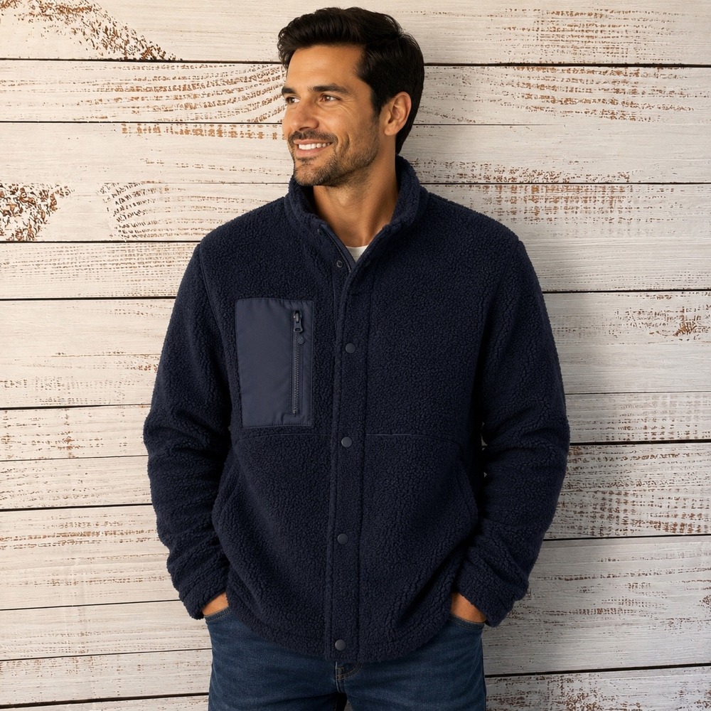 Berkley Jensen Sherpa Fleece Jacket Mens XXL Navy Blue Snap Front Mock Neck Soft